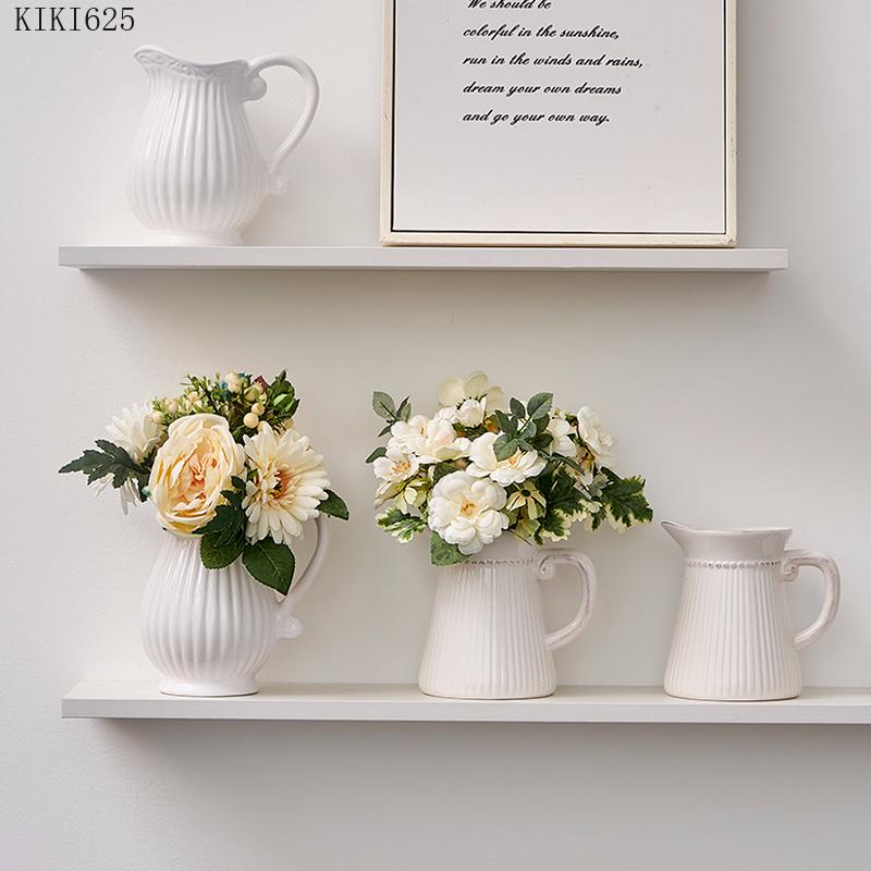 Creative Striped White Kettle Vase Flower Arrangement Desktop Decoration Ceramic Milk Jug Flower Vase Art Living Room Decoration