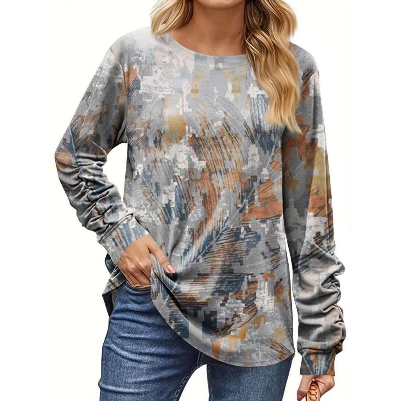 Dámské 3D tričko s potiskem suchého listí, módní tričko s dlouhým rukávem a kulatým výstřihem, běžný top, sváteční víkend, jaro a podzim