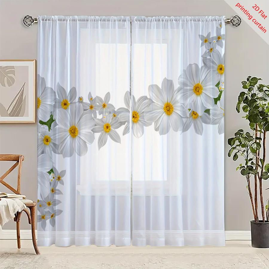 2PCS Digital Print Sheer Curtains, Yellow Stamen White Daisy, Fresh Minimalist Style for Living Room Bedroom Window Decoration