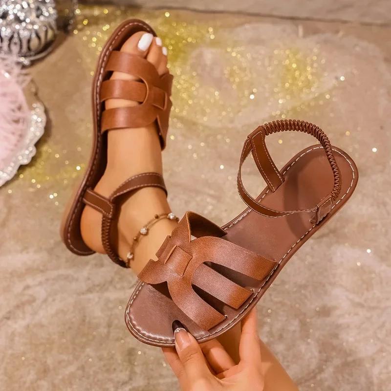 Ladies Shoes On Offer 2025 Open Toe Beach Casual Women's Sandals Summer Fashion Women Elastic Band Plus Size Flat Sandals Female