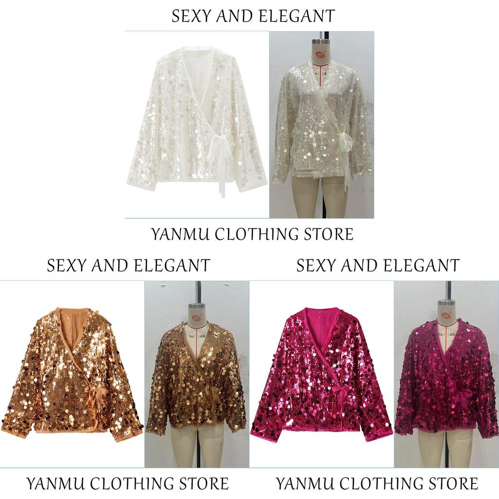 Elegant Polyester Long Sleeve V Neck Blouse With Sequins For Office Women