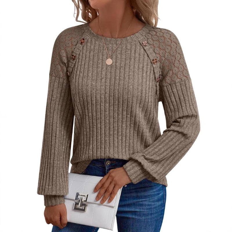 Women's Round Neck Solid Color Hollow Button Long Sleeved Casual Patchwork Top
