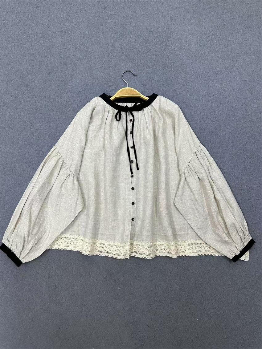

Johnature Women Shirt French Lace Splicing Color-Contrast Tie Loose Versatile Blouse Spring Casual Shirts One Size бежевий
