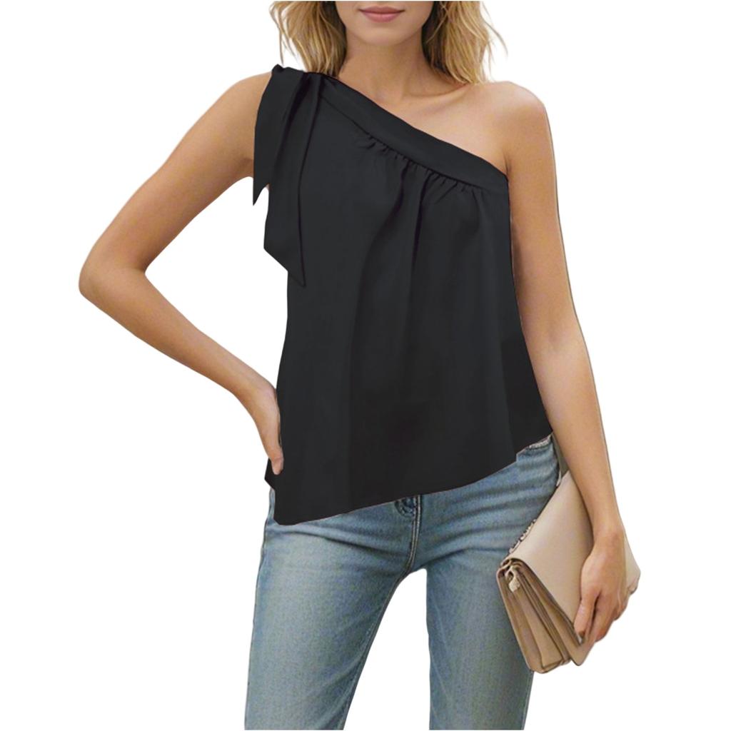 Women's Summer Tie One Shoulder Irregular Sleeveless Loose Shirt Casual Top