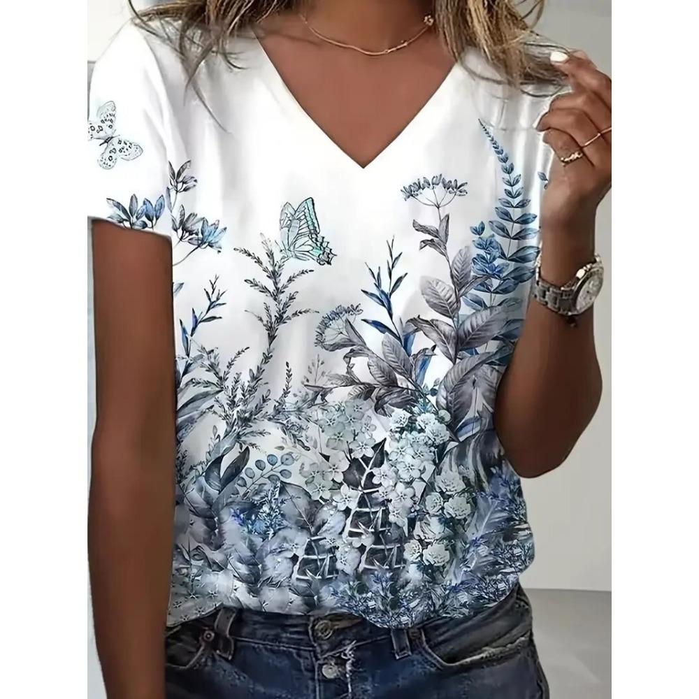 New Women T-shirt Simple Graphic Print Oversized Women's Trending Clothing Fashion Short Sleeve Shirt Women V-Neck Blouse 2025