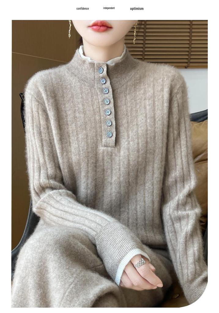 2025 Korean Style Double Stand Collar Wool Sweater - 100% Pure Wool Thickened Knitwear
