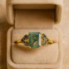 Emerald Cut Moss Agate Engagement Ring – Yellow Gold Plated Vintage Art Deco Gemstone Ring, Wedding Anniversary Promise Gift for Women