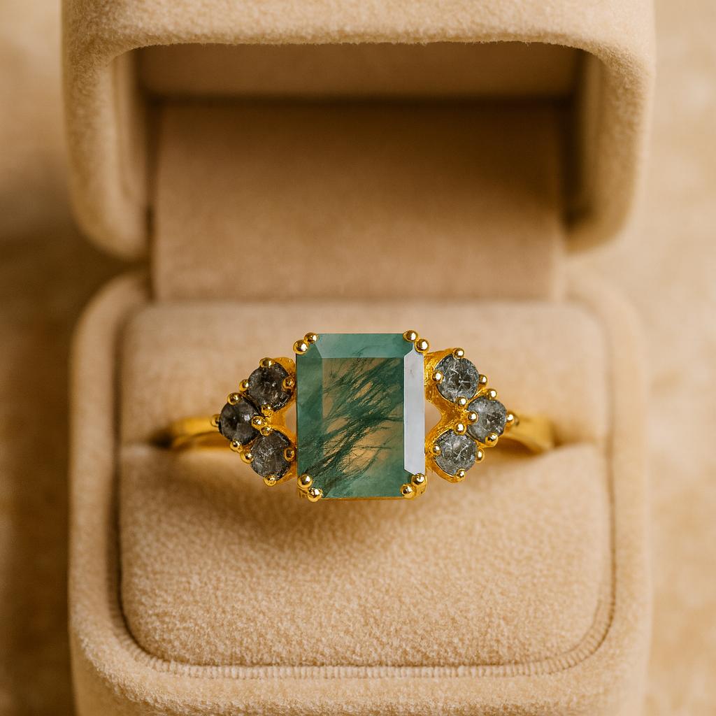 Emerald Cut Moss Agate Engagement Ring – Yellow Gold Plated Vintage Art Deco Gemstone Ring, Wedding Anniversary Promise Gift for Women
