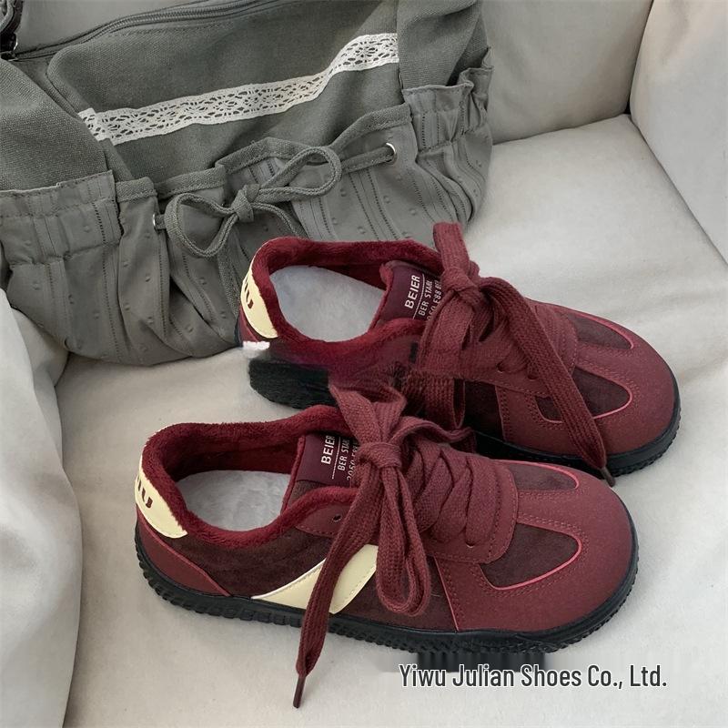 Jesień/Zima 2024 Retro Ciepłe Bawełniane Okrągły Nosek Wyściełane Futerkiem Buty Deskorolkowe Codzienne Niemieckie Trenery Buty Zimowe dla Kobiet i Mężczyzn