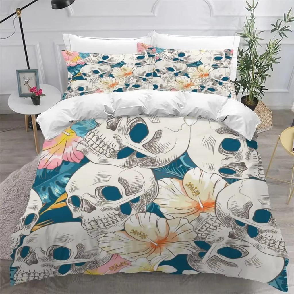 Skull and Beauty Duvet Cover Set Full Size Gothic Sugar Skull Angels and Demons Bedding Set with Pillowcase Twin Double Bed Sets