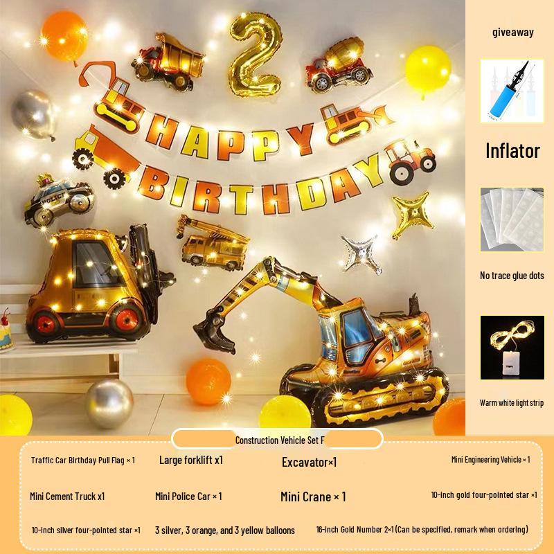 1st Birthday Construction Vehicle Balloon Set: 3D Party Decoration