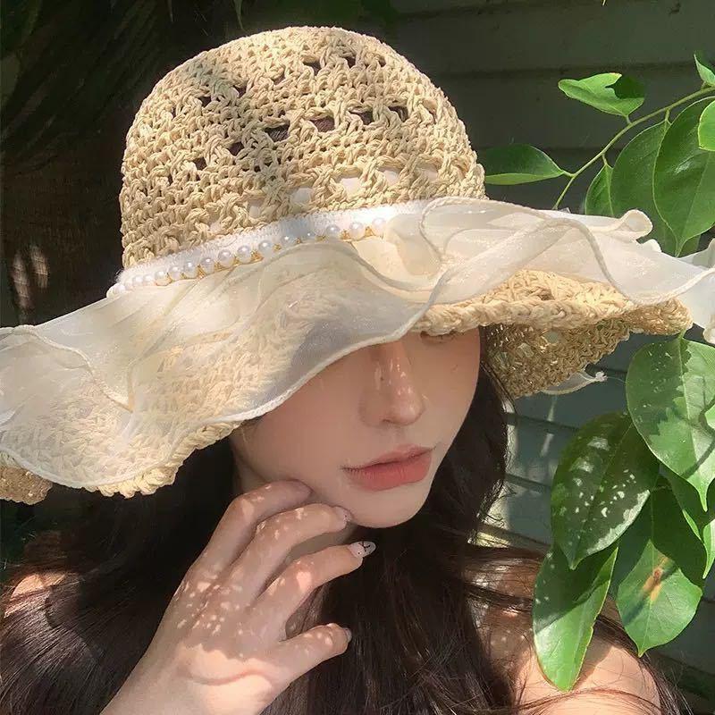 Women's Summer Large Brim Lace Straw Hat Seaside Full Face Beach Breathable Sun Bucket Hat Sun Protection Hat