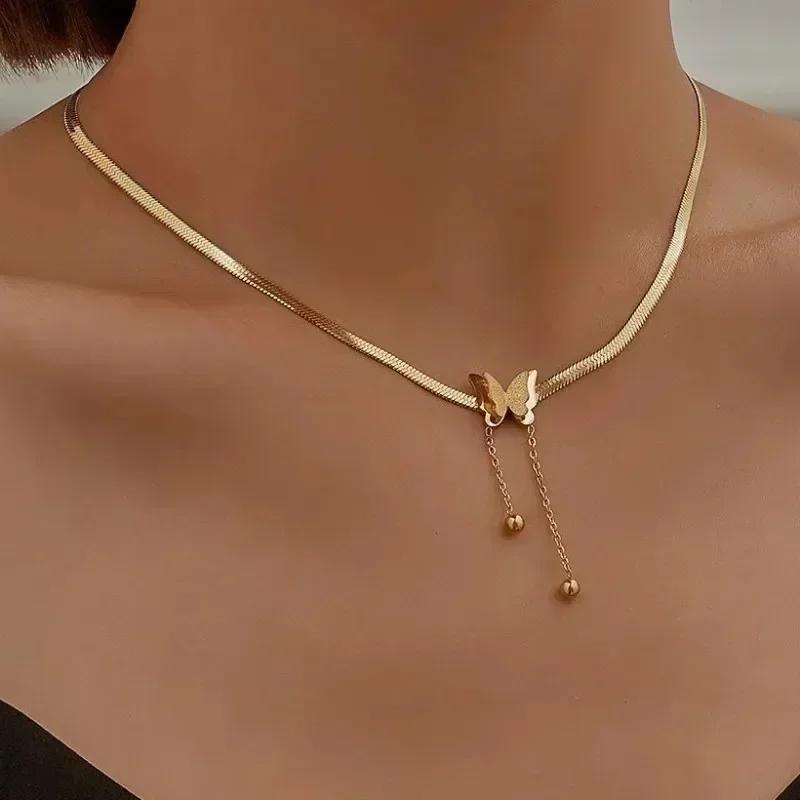 Stainless Steel Butterfly Pendant Neck Necklace for Girls Women Charm Snake Chains Choker Waterproof Zircon Valentine Day Gift