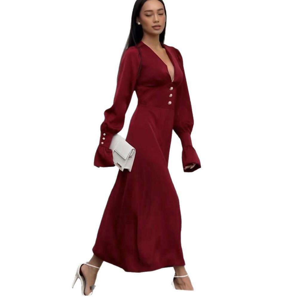 2025 Summer European & American Square Neck Sexy Deep V Slimming Long Sleeve Evening Dress