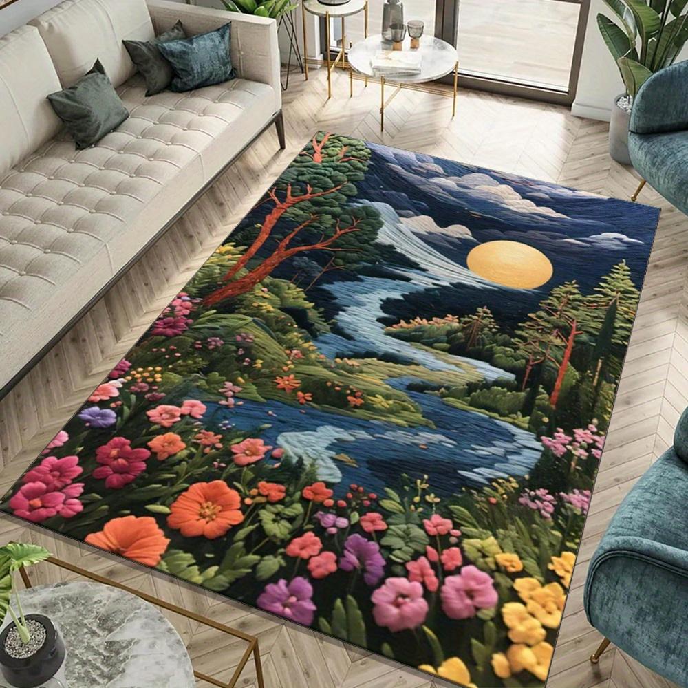 

Floral Landscape Polyester Area Rug - Streams & Flowers Design, Antiskid Crystal Velvet Carpet, Comfortable General-Purpose Floo 50x80cm