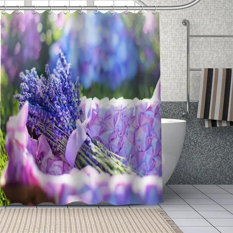 Benutzerdefiniert Schöne lila Lavendelblüten Duschvorhänge DIY Badezimmer Vorhang Stoff Waschbar Polyester für Badewanne Kunst Dekor