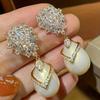 Fashion flower zircon dangle earrings with faux pearl pendant. Luxury bridal style for wedding and banquet occasions.