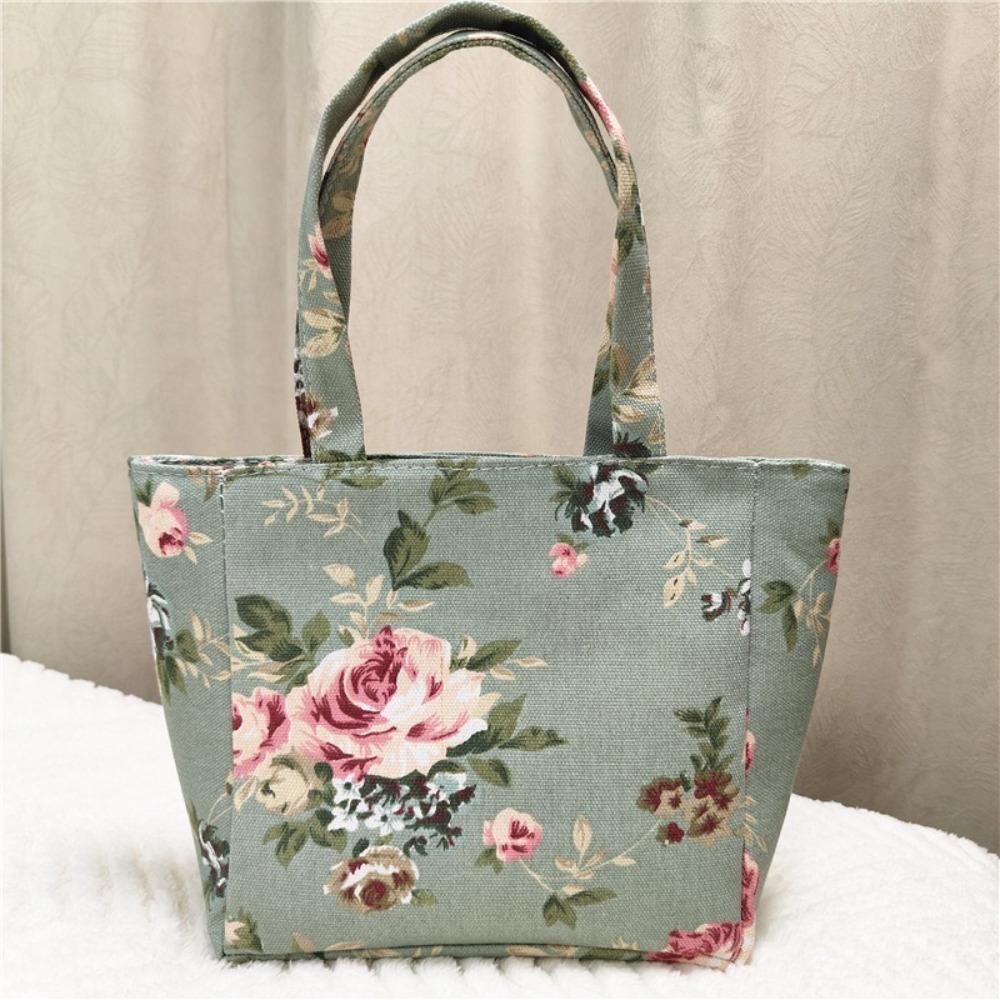 New Fashion Flower Printed Lunch Bag Portable Canvas Handbag Jacquard Zipper Canvas Bag Women