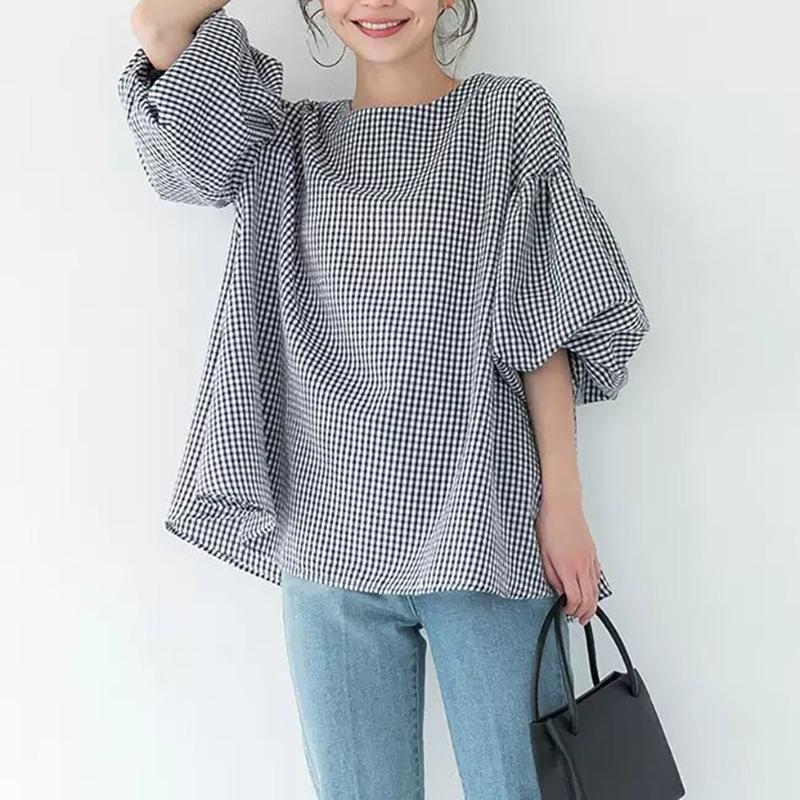 Summer Loose Large Edition Women's Shirt Cotton Oversized Lantern Sleeve Crew Neck Top