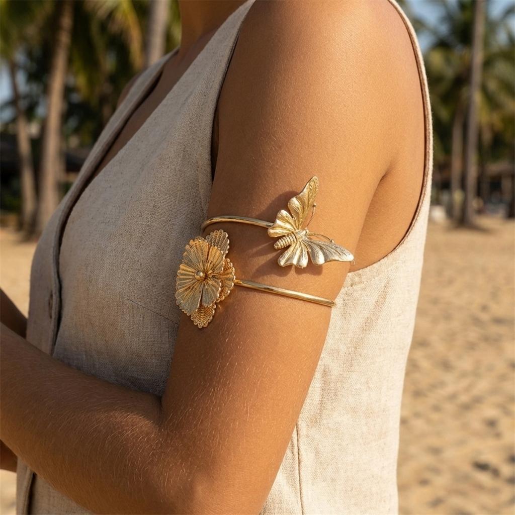 Overdreven Metalen Vlinder Bloem Arm Manchet Armbanden Voor Vrouwen Mannen Boheemse Textuur Bloemenblad Open Armband Armband Lichaam Sieraden