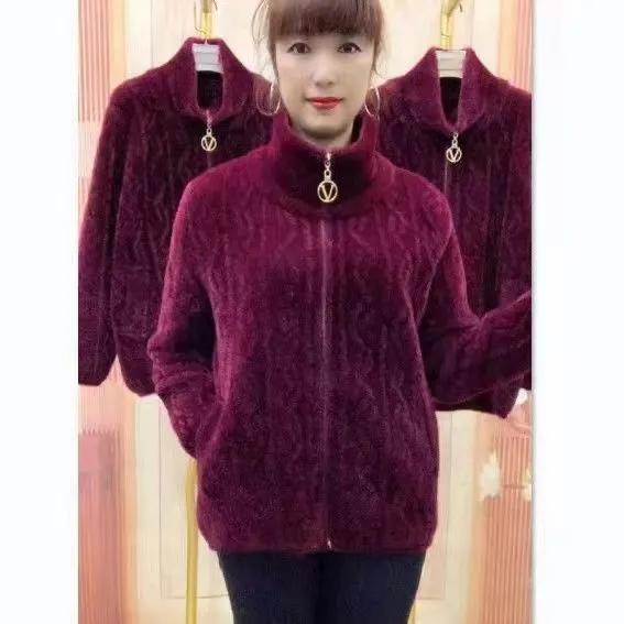 Dámska jesenná a zimná zateplená bunda plus size pre stredný vek a staršie ženy, jednofarebná, temperamentný top