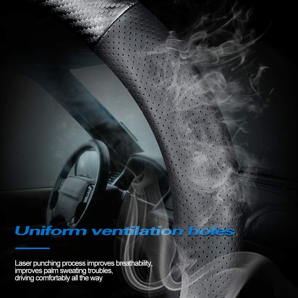 Car Carbon Fiber And Leather D-Shape Steering Wheel Cover, Stylish Car Non-Slip Leather Car Interior 15 Inches Universal Black