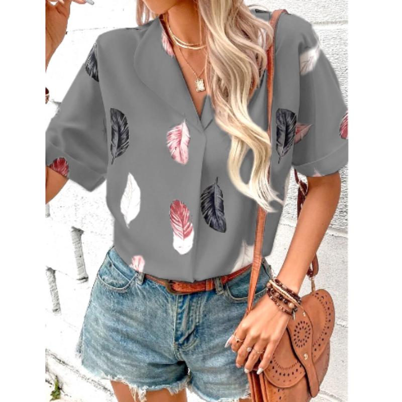 

Женская повседневная блузка с короткими рукавами и принтом перьев с надрезом и лацканами 5XL серый