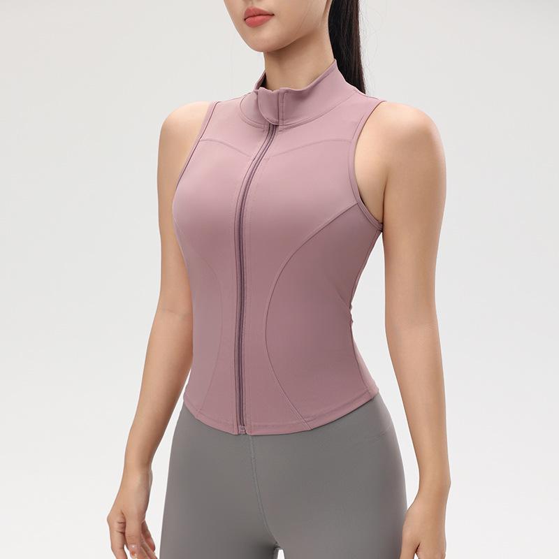 Dámský nahý top na jógu se zipem a ochranou proti nárazům - Zeštíhlující bez rukávů se stojáčkem pro letní venkovní sporty.