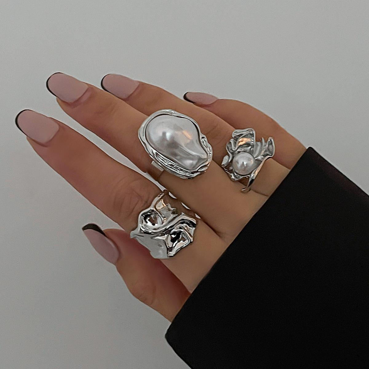 

Ingemark 3Pcs/Set Vintage Irregular Imitation Pearl Rings for Women Wed Bridal Elegant Adjustable Rings Engagement Party Jewelry