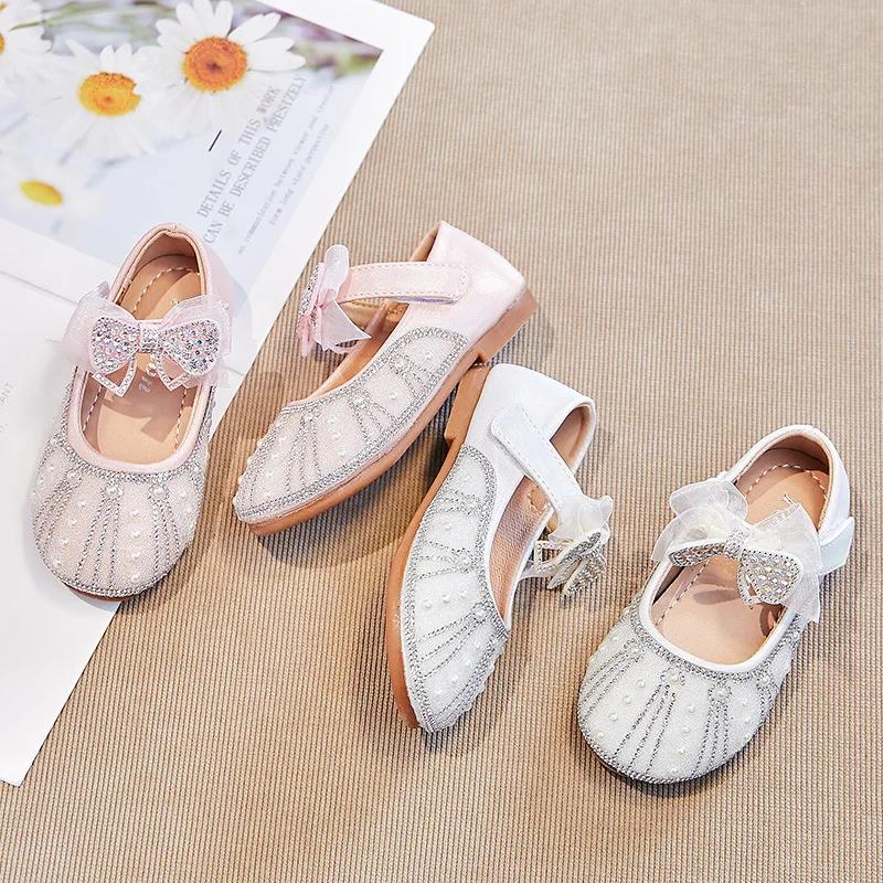 Girls Shiny Crystal Performance Shoes 2024 Spring New Children's Mesh Bow Flats Sweet Princess Fashion Shoes Elegant Temperament