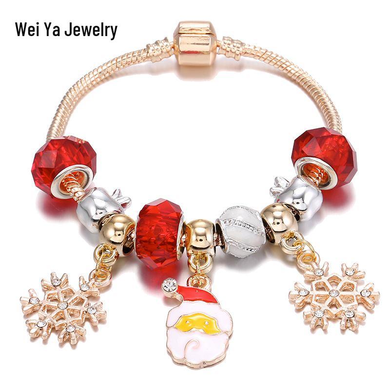 

Rose Gold Santa Claus Snowflake Pendant Christmas Bracelet with Red Glass Beads 19cm bracelet