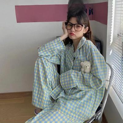 Women's Spring 2 Pcs Pajamas Set Female Cute Cartoon Home Suit Autumn Comfortable Plaid Print Long Sleeves Tops Pants Loungewear