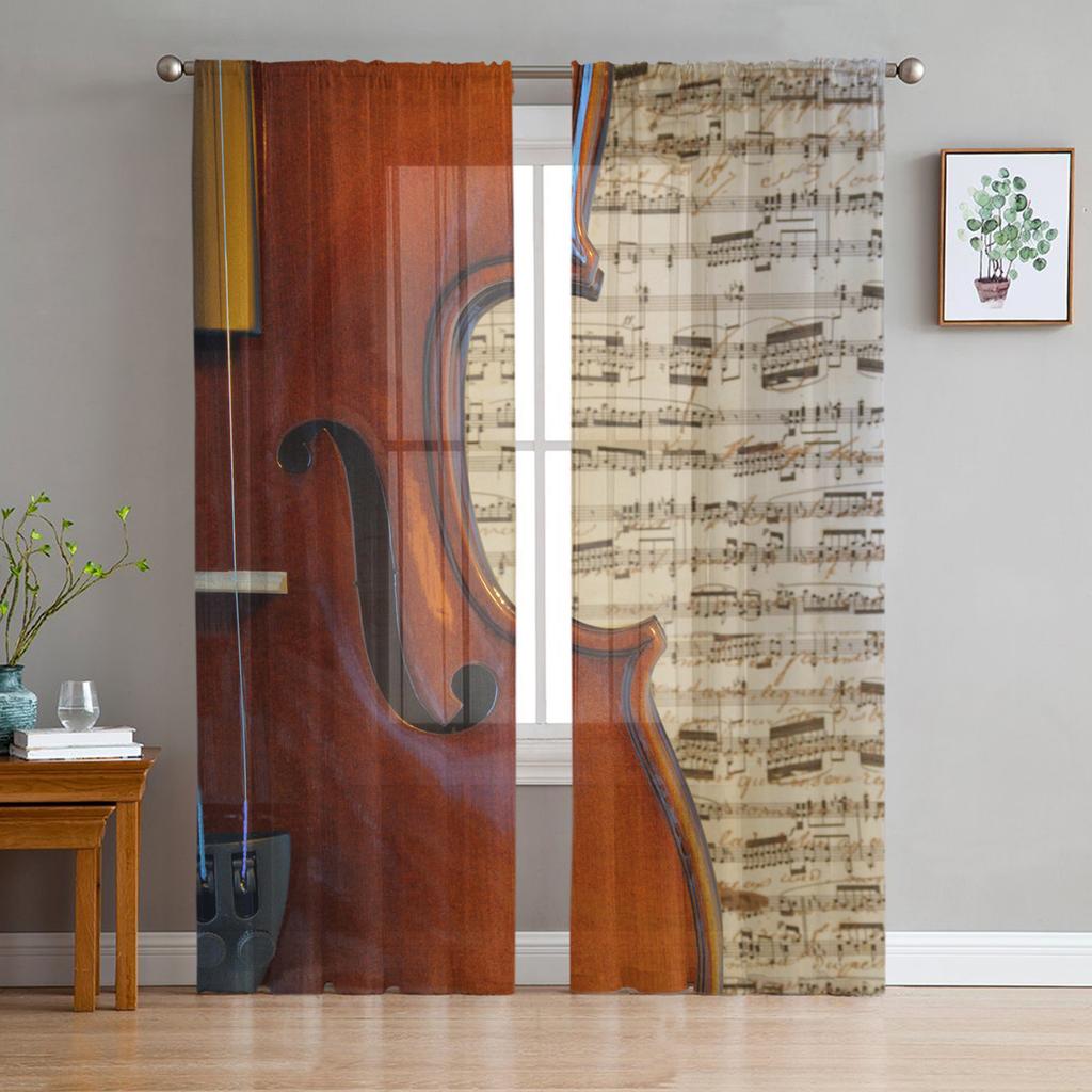 Retro Music Poster With Vinyl Gramophone Chiffon Sheer Curtains for Living Room Bedroom Window Curtain Voiles Tulle Cortinas