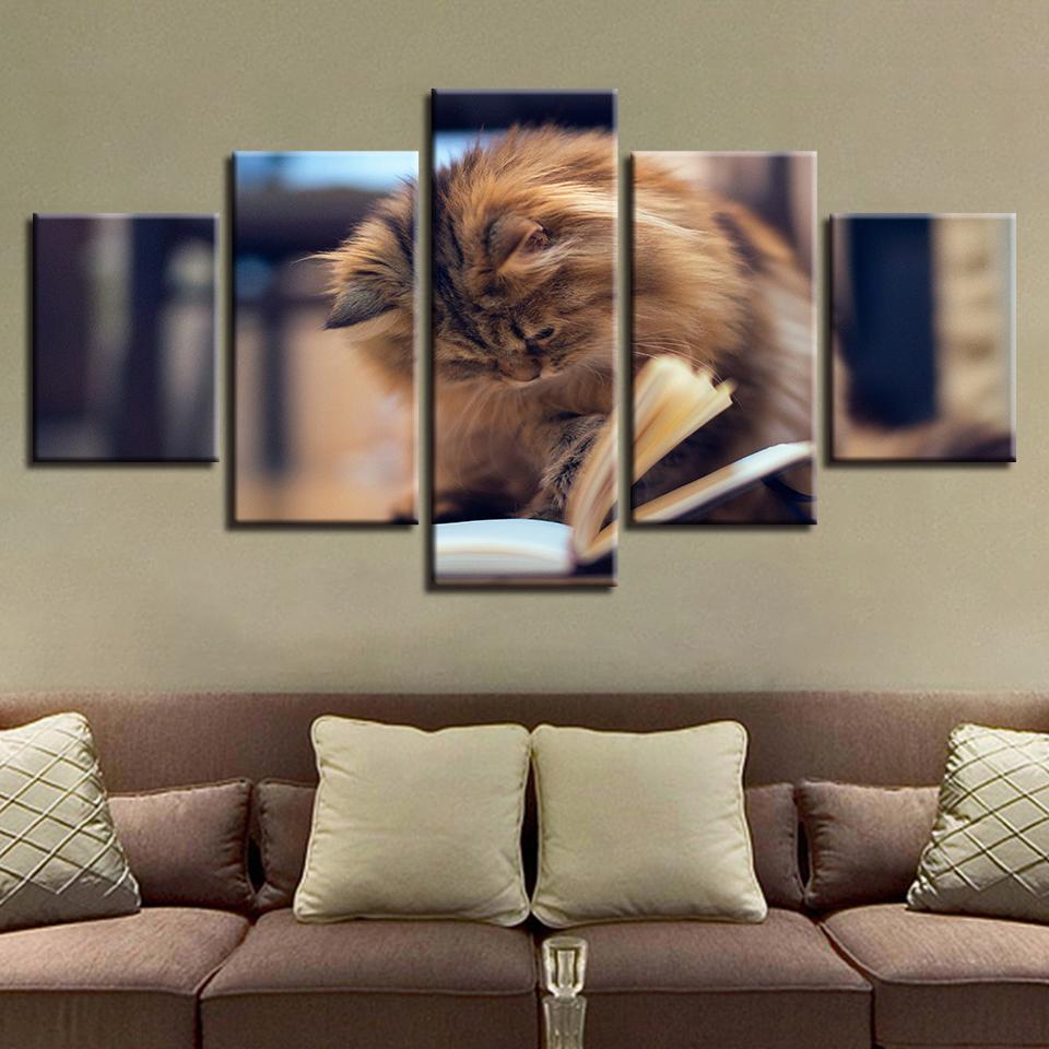 5 Pieces Animal Cats Are Reading Book Framework Modular Wall Art Canvas Painting Picture Poster Decor Living Room Scenery Prints No Frame