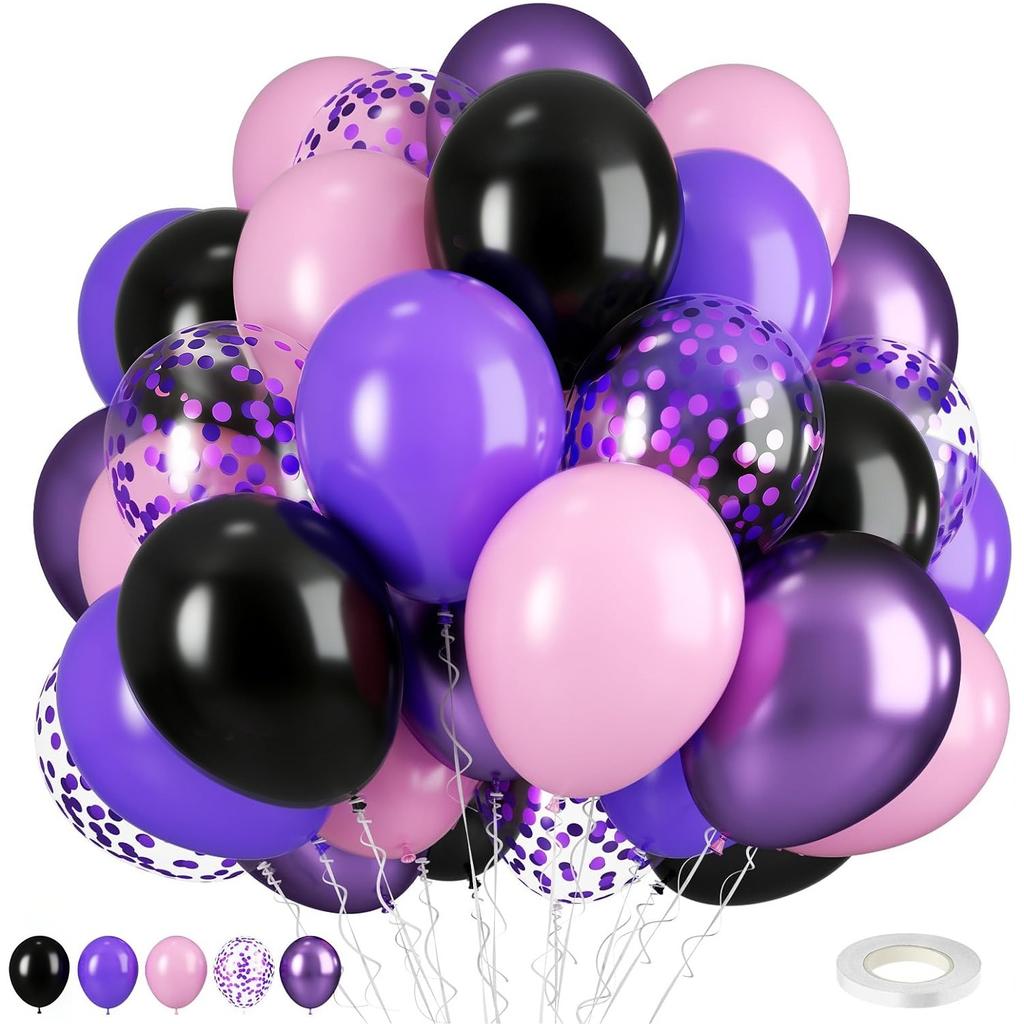 58pcs Pink and Purple Themed Balloon Set 10-inch Black Metal Purple and Purple Pink Latex Balloons Birthday Party Decoration