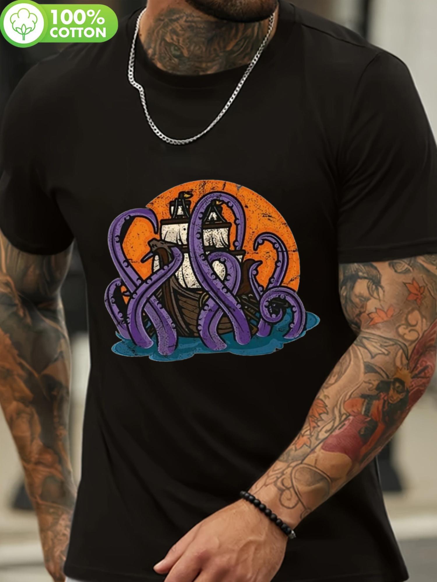Distressed Cotton T-shirt with Octopus & Pirate Graphic - Crew Neck XXXL