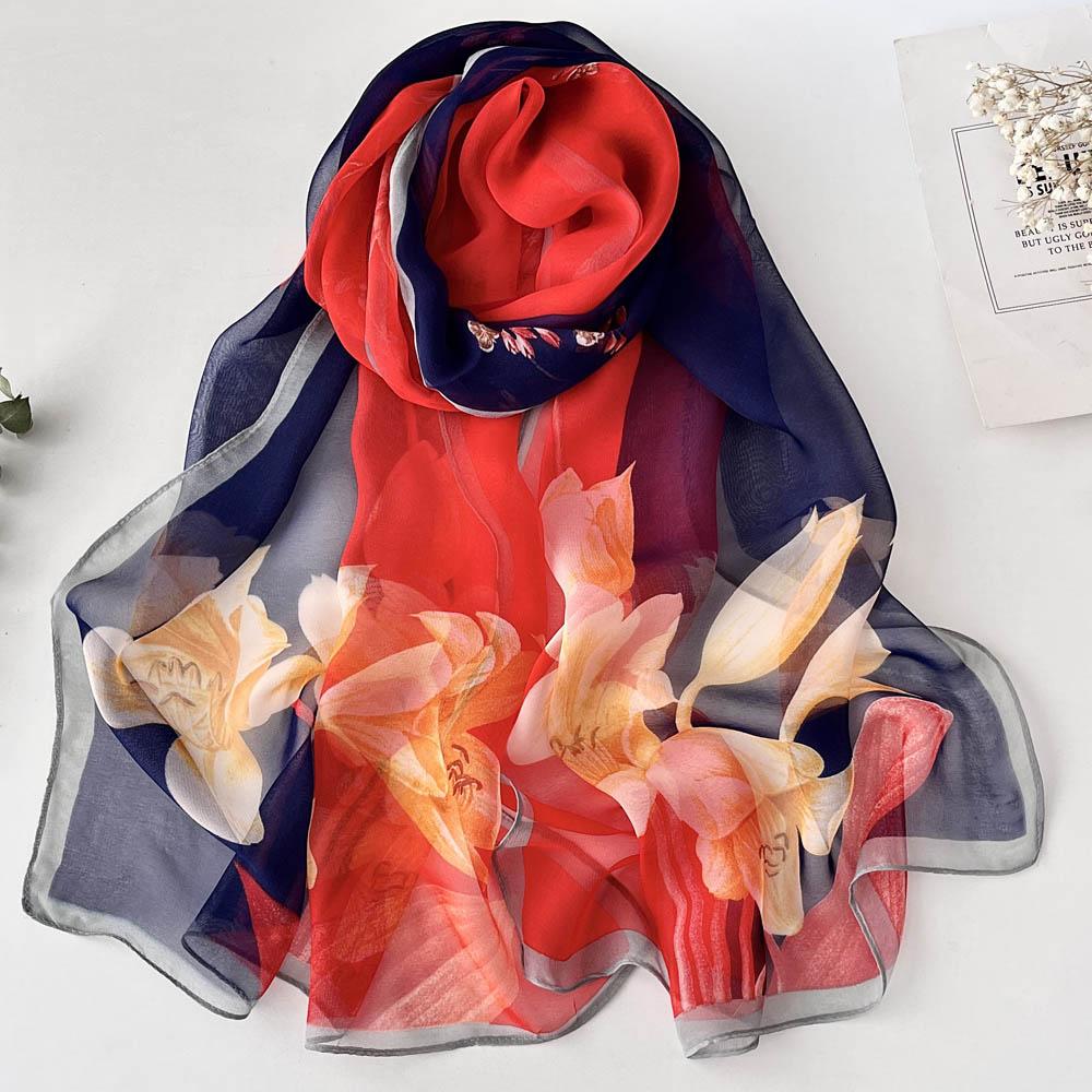 Gradient Lily Print Pretty Women Elegant Chiffon Georgette Bandana Scarf Summer Beach Sunscreen Thin Shawl