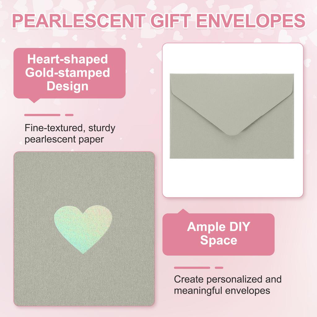 20Pcs/Set Mini Card Envelopes Pearlescent Paper Envelopes Business Greeting Cards Holder with Heart Pattern for Birthday Wedding