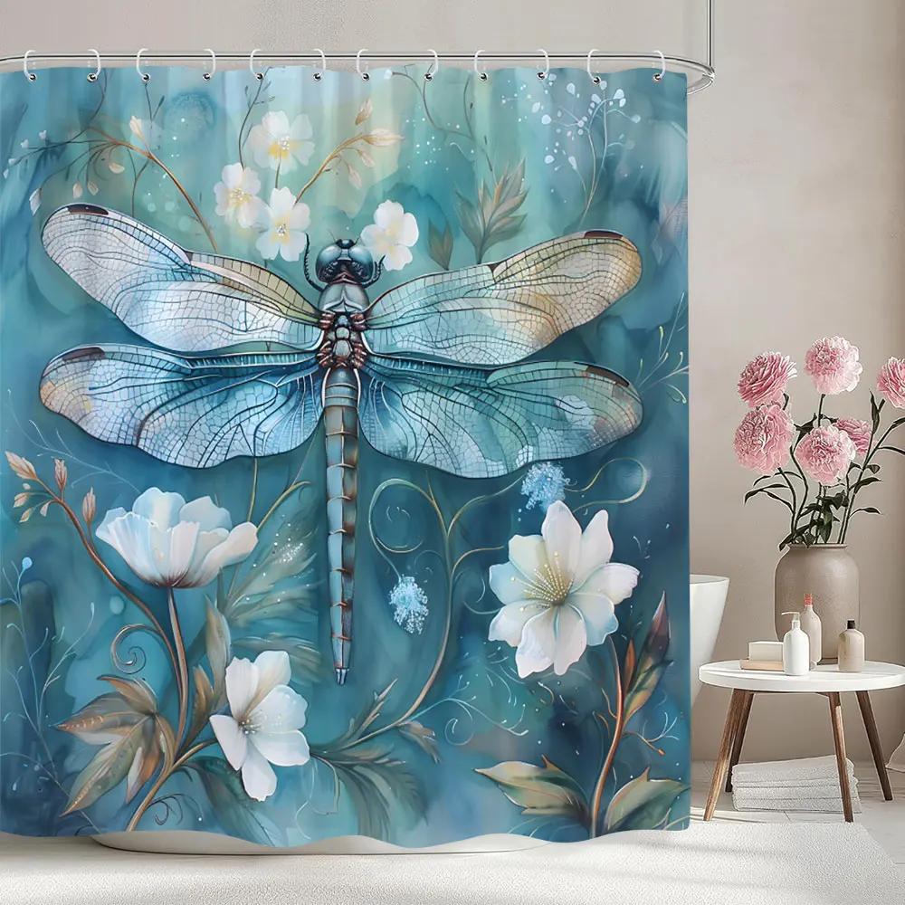 Dragonfly Pattern Printed Shower Curtain Watercolour Painting Botanical Flower Art Creative Fabric Shower Curtains Bathroom Deco