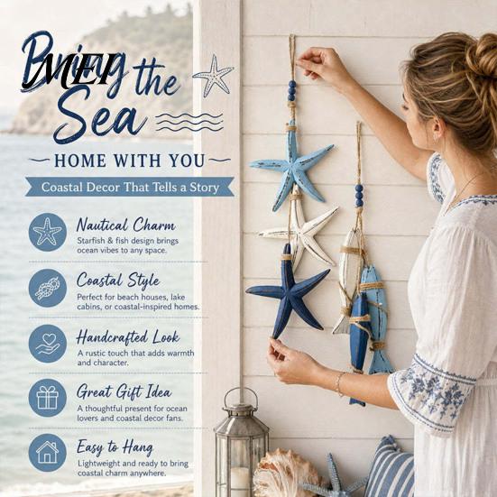 Nautical Hanging Ornaments Lighted Wooden Fish Starfish Wall Decor, Beachy Decor with Warm Coastal LEDs, for Bathroom Porch Beach House Natural