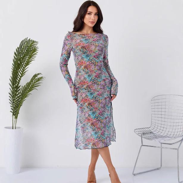 Women s Off-Shoulder Long Sleeve Floral Print Maxi Dress with Side Slit S