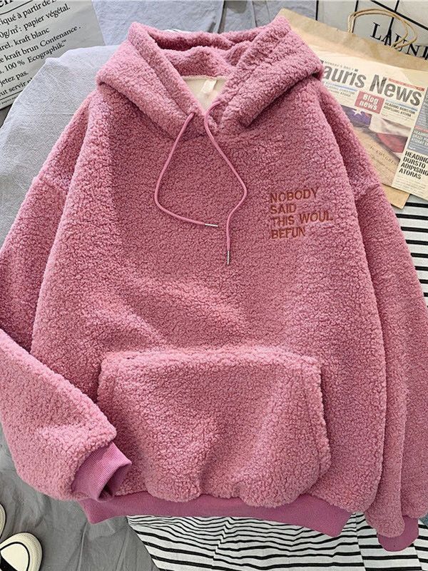 Shearling Hoodie for Women Korean-Style Oversized Relaxed Hoodie Fleece-Lined Hooded Top for Fall/Winter