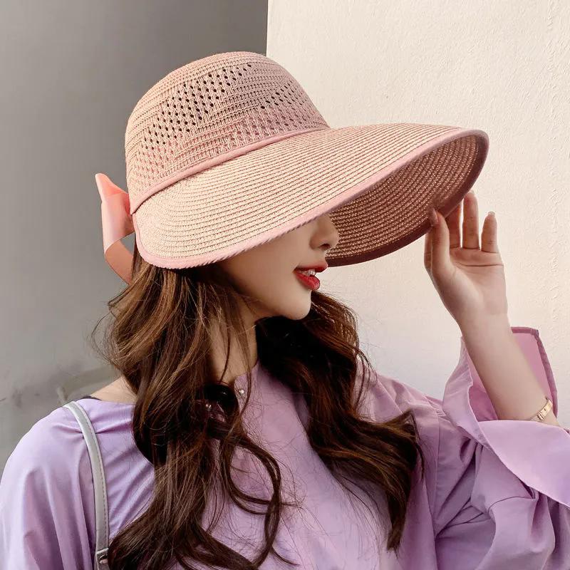 

WTEMPO Соответствующие цвету выдолбленные шляпы от солнца с бантом универсальные летние женские элегантные складные соломенные шляпы в стиле ретро с широкими полями 1pc розовый