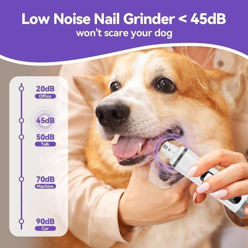 Dog Nail Grinder Quiet- Ultra-Quiet Dog & Cat Nail Grinder with LED Light & Battery Display & Upgrade Grinding Head - Painless Nail Trimmer for Small
