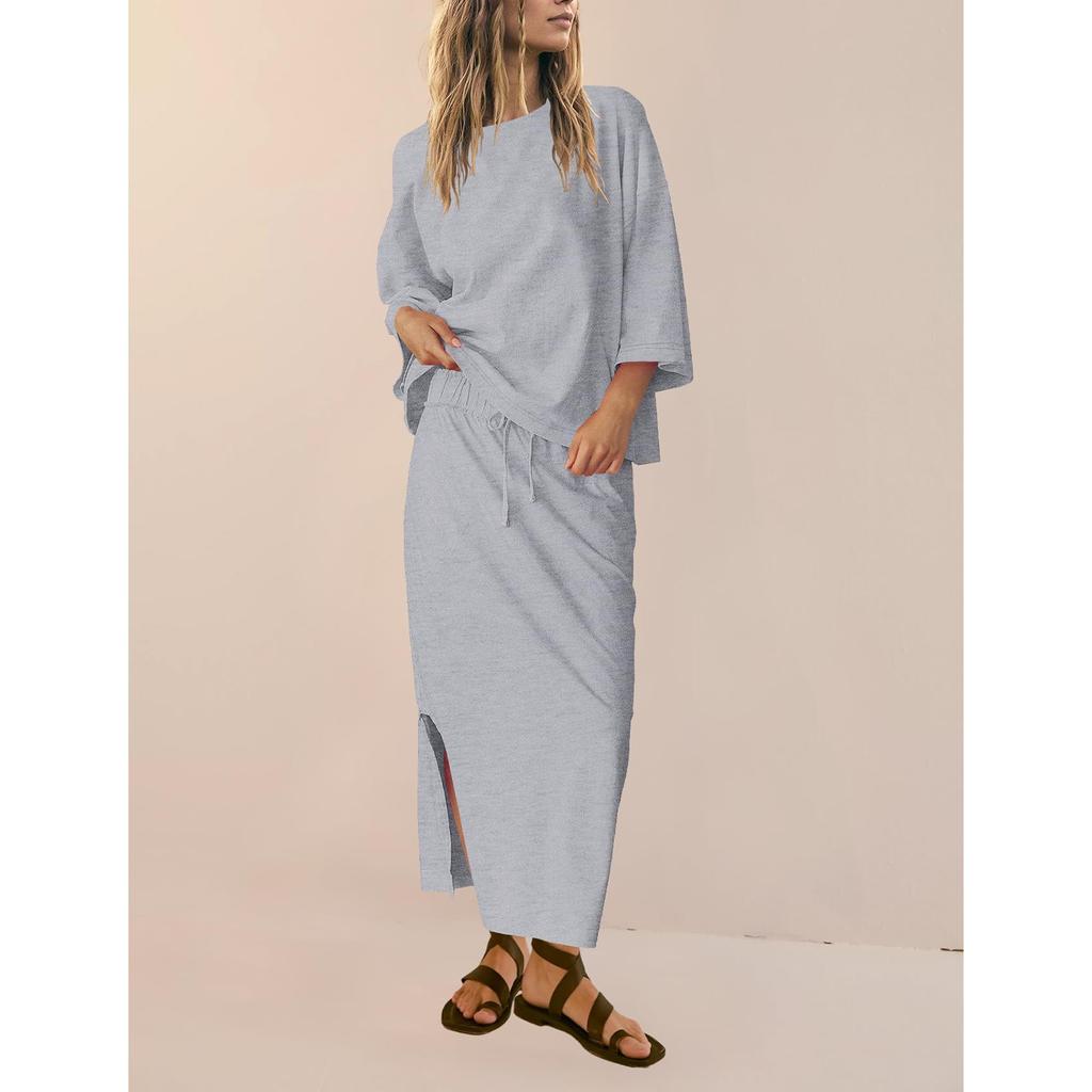Women's Fashion Solid Color Casual Top And Maxi Skirt