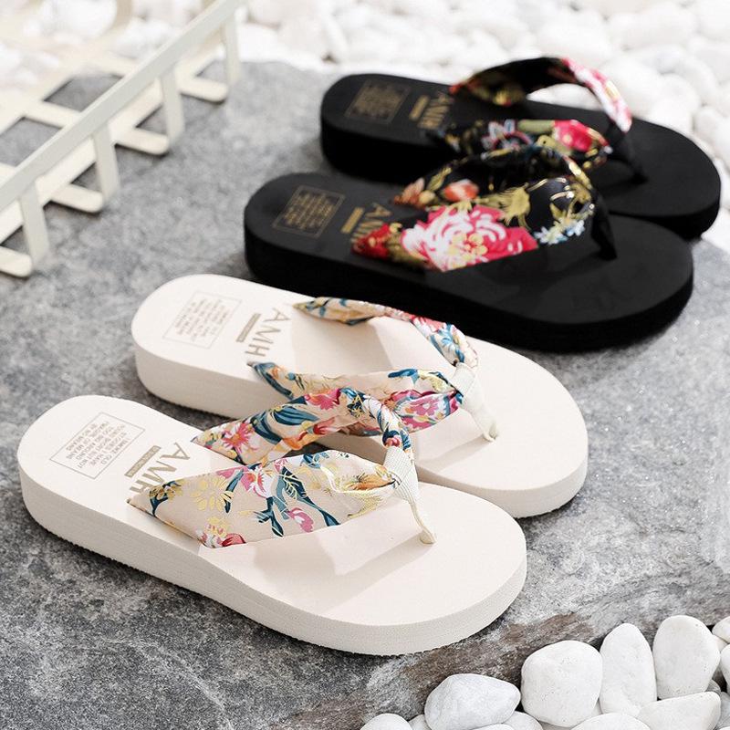 Women's Bohemian Satin Strap Platform Beach Slippers