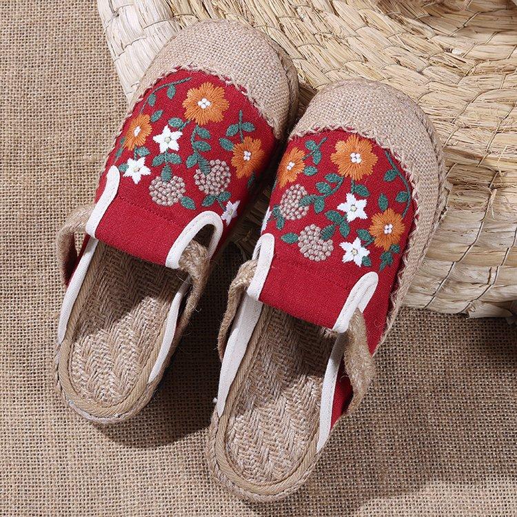Women's platform office bag head slippers can be worn outside ethnic style old Beijing cloth shoes linen embroidery lazy pedal