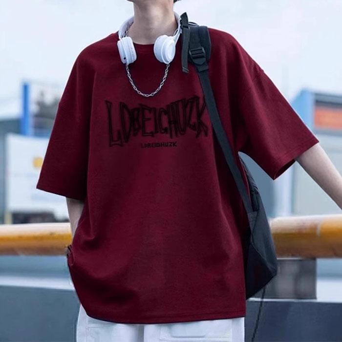 Men Summer Casual Loose Oversize Short Sleeve Round Collar Teenager Letter Printed Pullover Cotton T Shirt Top