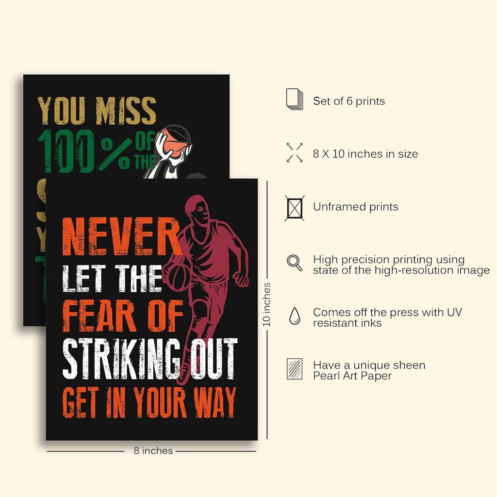 Pirational Quotes Basketball Posters - Motivational Sayings Art For Men, Kids & Teenagers - Wall Decor For Bathroom, Playroom & Classroom