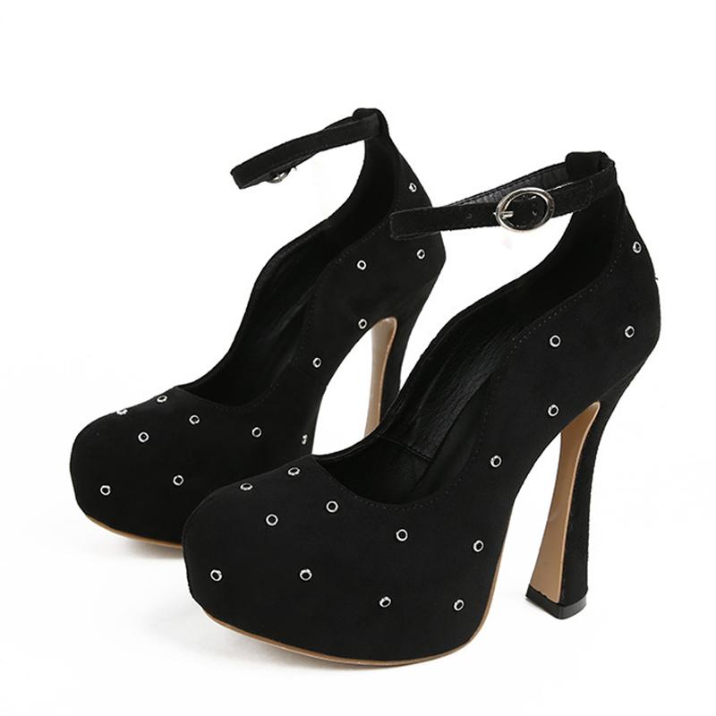 

Liyke Fashion Круглый носок щиколотки пряжка ремешок женские туфли на платформе металлические заклепки дизайнерские туфли на высоком каблуке с открытой пяткой босоножки на шпильках 35